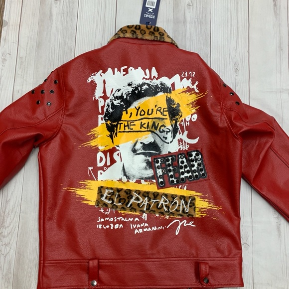 R3BEL MENS LEOPARD COLLAR BIKER  Bomber JACKET Large Retail 250$ Graphic Print - Picture 4 of 12